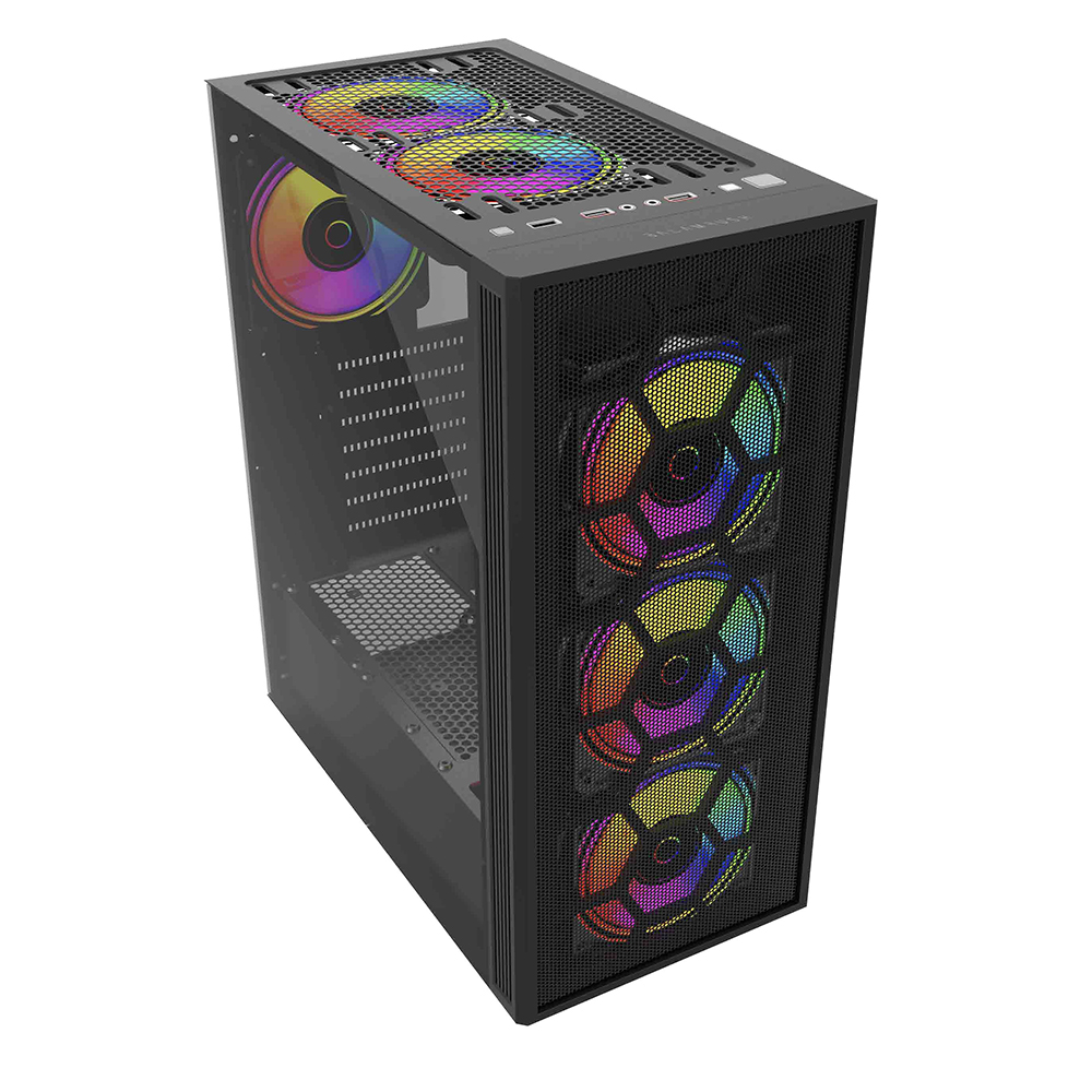 GABINETE GAMING MESH CON 4 VENTILADORES RGB PREPARADO PARA GESTIÓN DE CABLES, CON VENTANA DE CRISTAL TEMPLADO