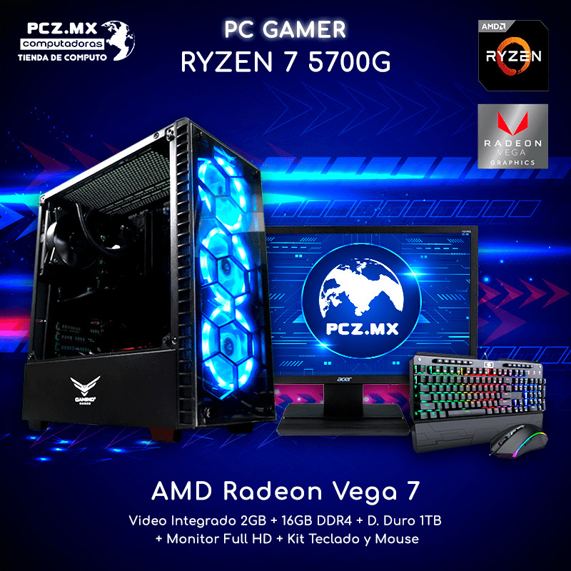 PC Gamer precio; Componentes de una computadora con fondo azul.
