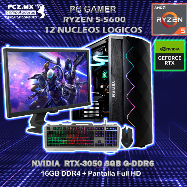 PC gamer RYZEN 5 5600; equipo gaming con una pantalla Full HD.