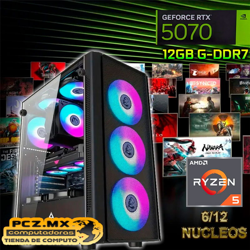PC gamer RYZEN 5 7600; Presentación de un monitor con luces LED color morado, de gama alta.