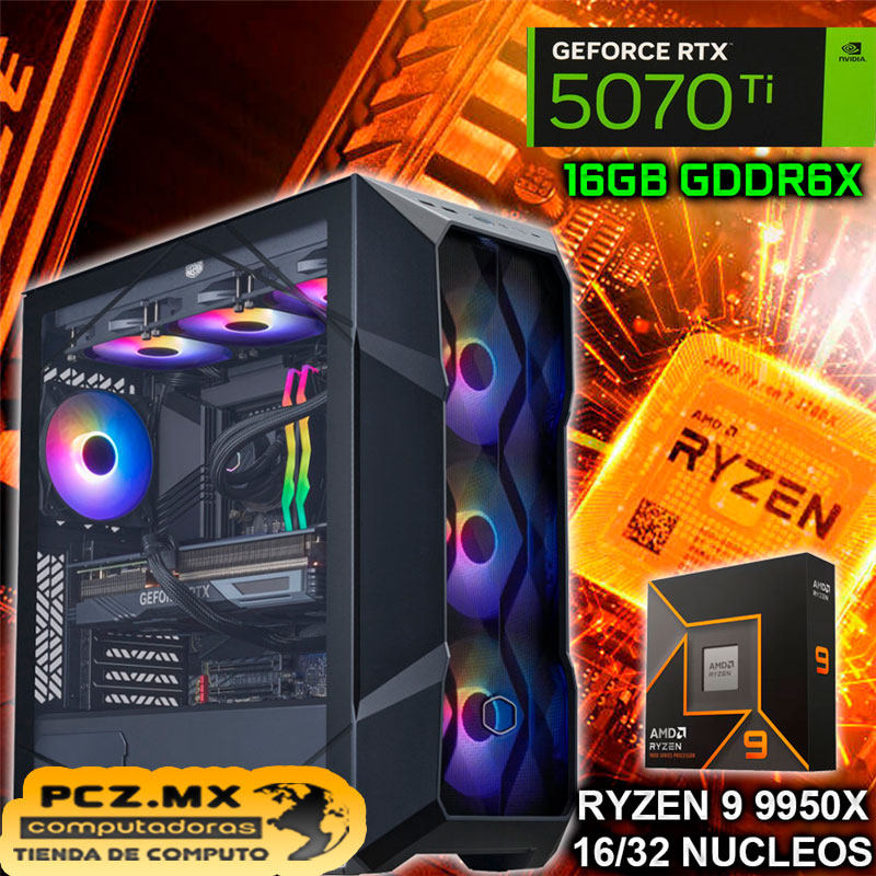 PC Ryzen 9 9950xF; Fondo morado y en medio un CPU gamer.