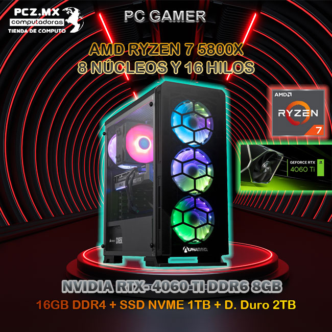 PC gamer AMD RYZEN 7-5800X; Monitor con 8 nucleos y 16 hilos.