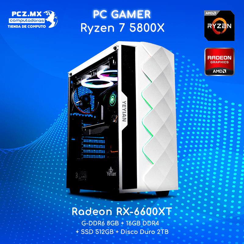 PC gamer RYZEN 7-5800X; Computadora que incluye tarjeta de video AMD Radeon RX-6600XT.