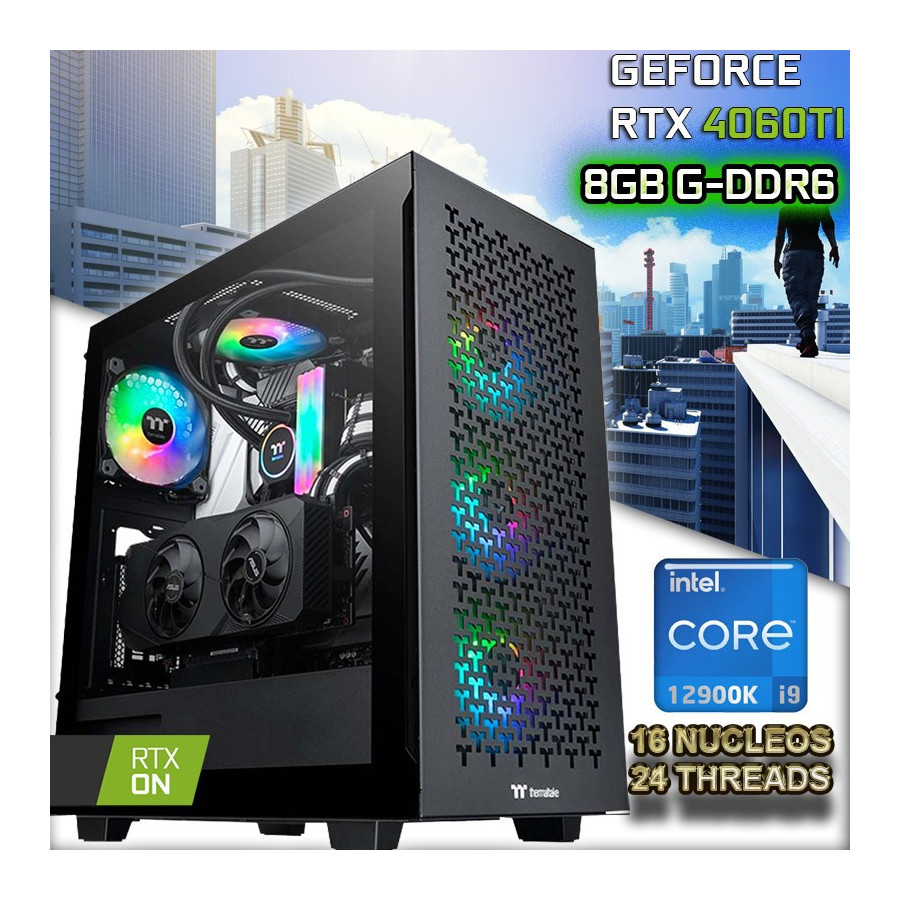 PC CORE I7-12900K; Fondo azul claro y en medio un monitor.