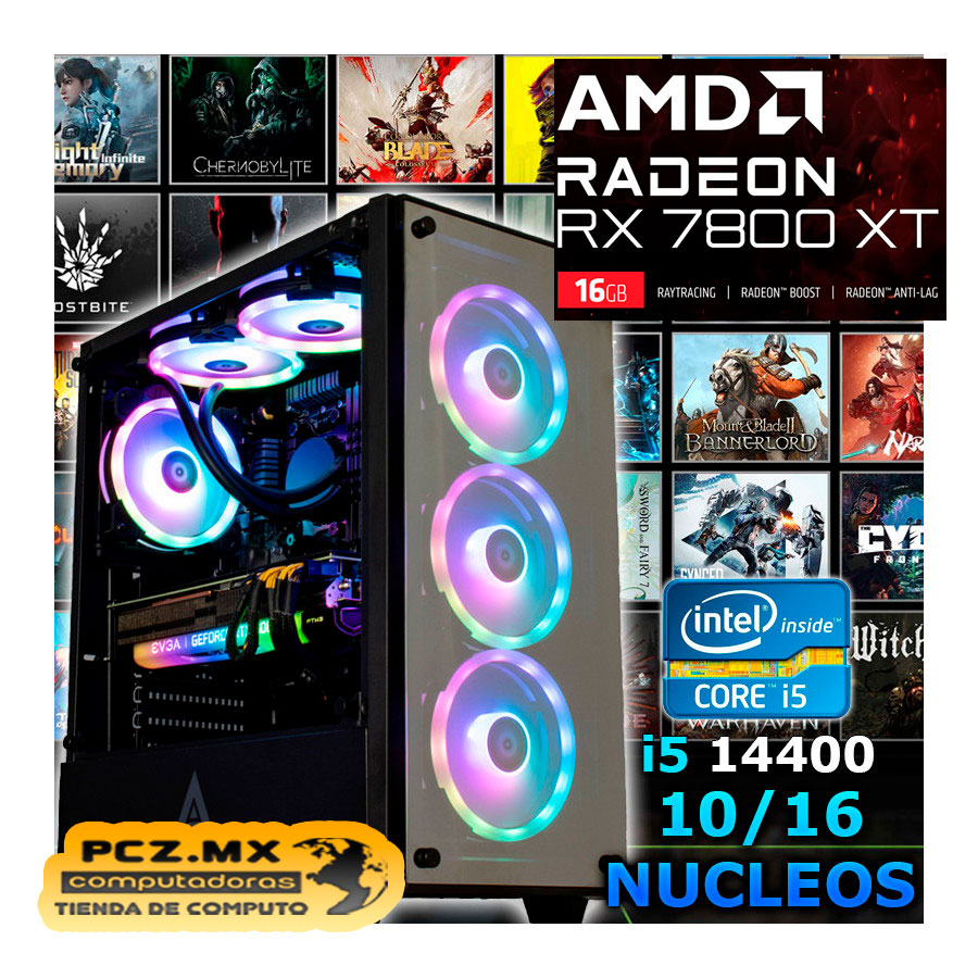 PC gamer CORE I5; Anuncio de una computadora gamer marca intel RX7800XT.