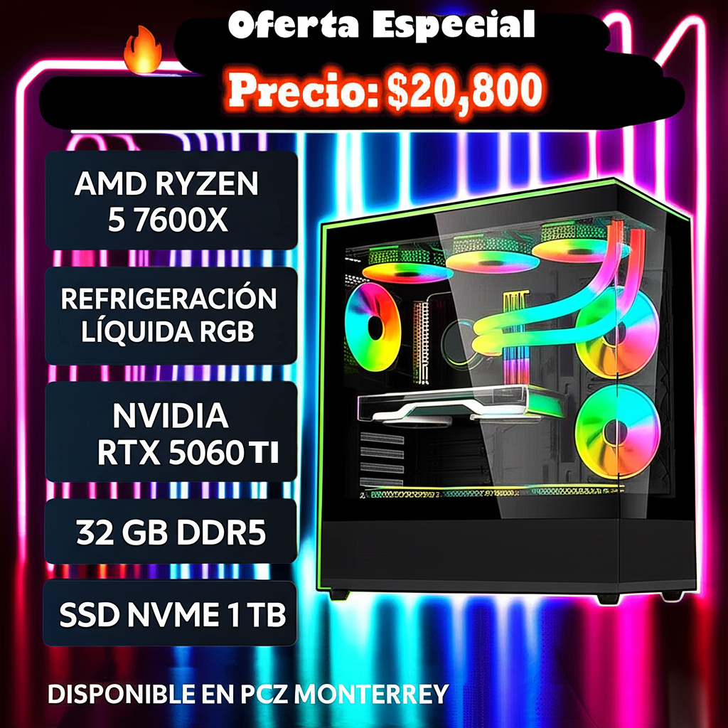 PC GAMER NUEVA RYZEN 5 7600X 6/12 NÚCLEOS NVIDIA RTX 5060TI 8GB