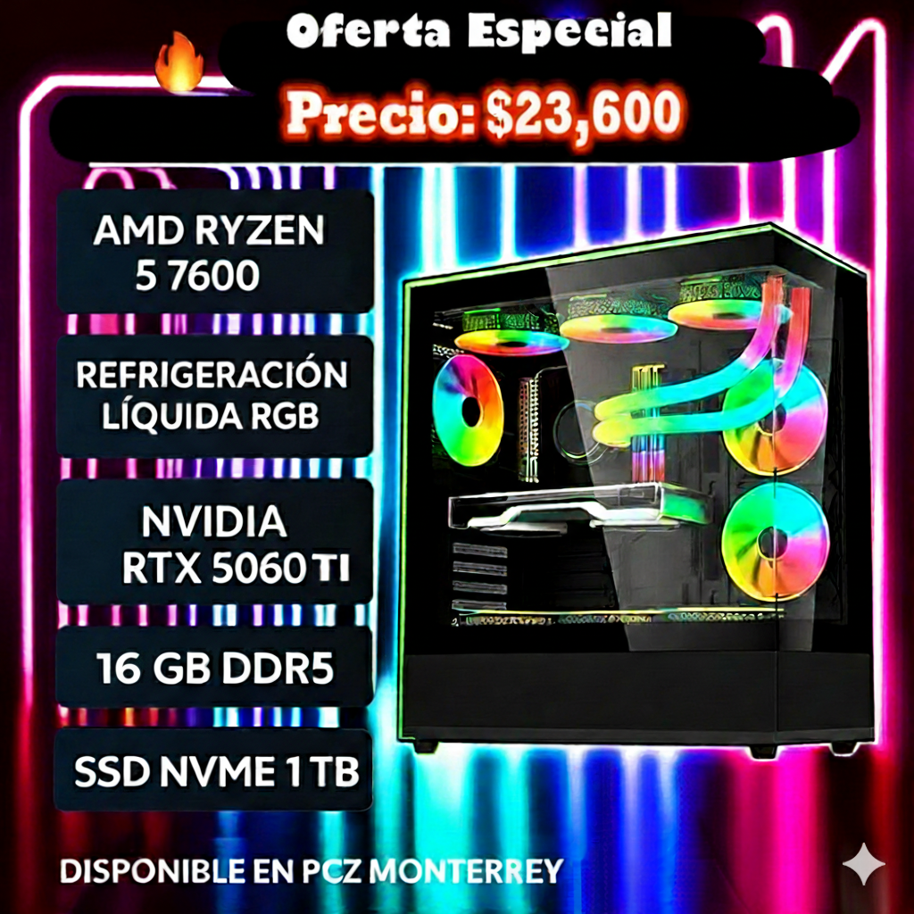 PC GAMER NUEVA RYZEN 5 7600 6/12 NÚCLEOS NVIDIA RTX 5060TI 8GB