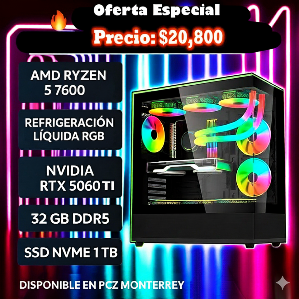 PC GAMER NUEVA RYZEN 5 7600 6/12 NÚCLEOS NVIDIA RTX 5060TI 8GB